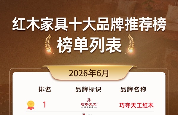 巧夺天工红木荣登2026年6月红木家具十大品牌排行榜榜首